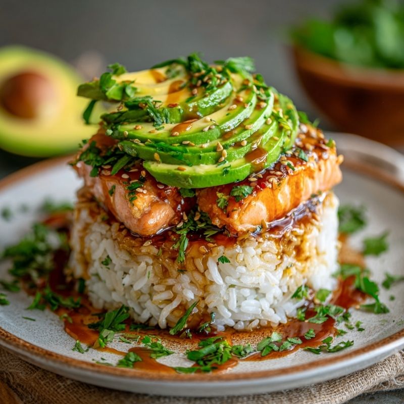 Mouthwatering Teriyaki Salmon Avocado Rice Stack