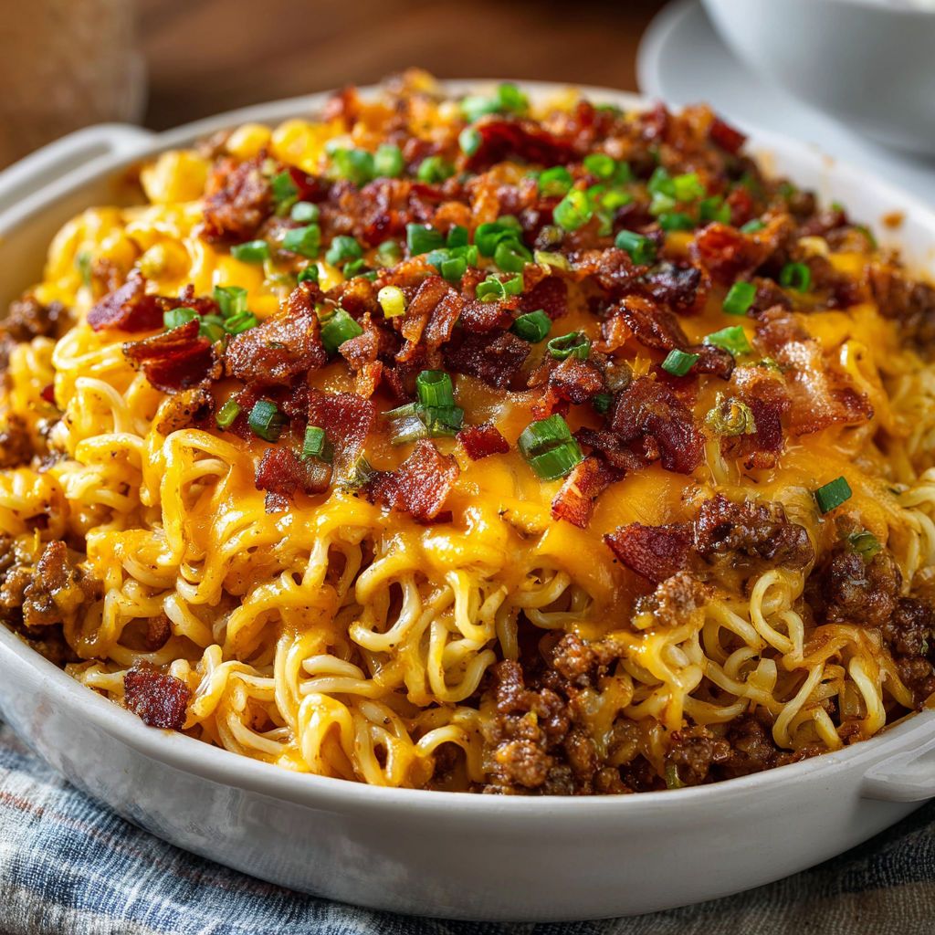 Loaded Bacon Cheeseburger Ramen Noodle Bake