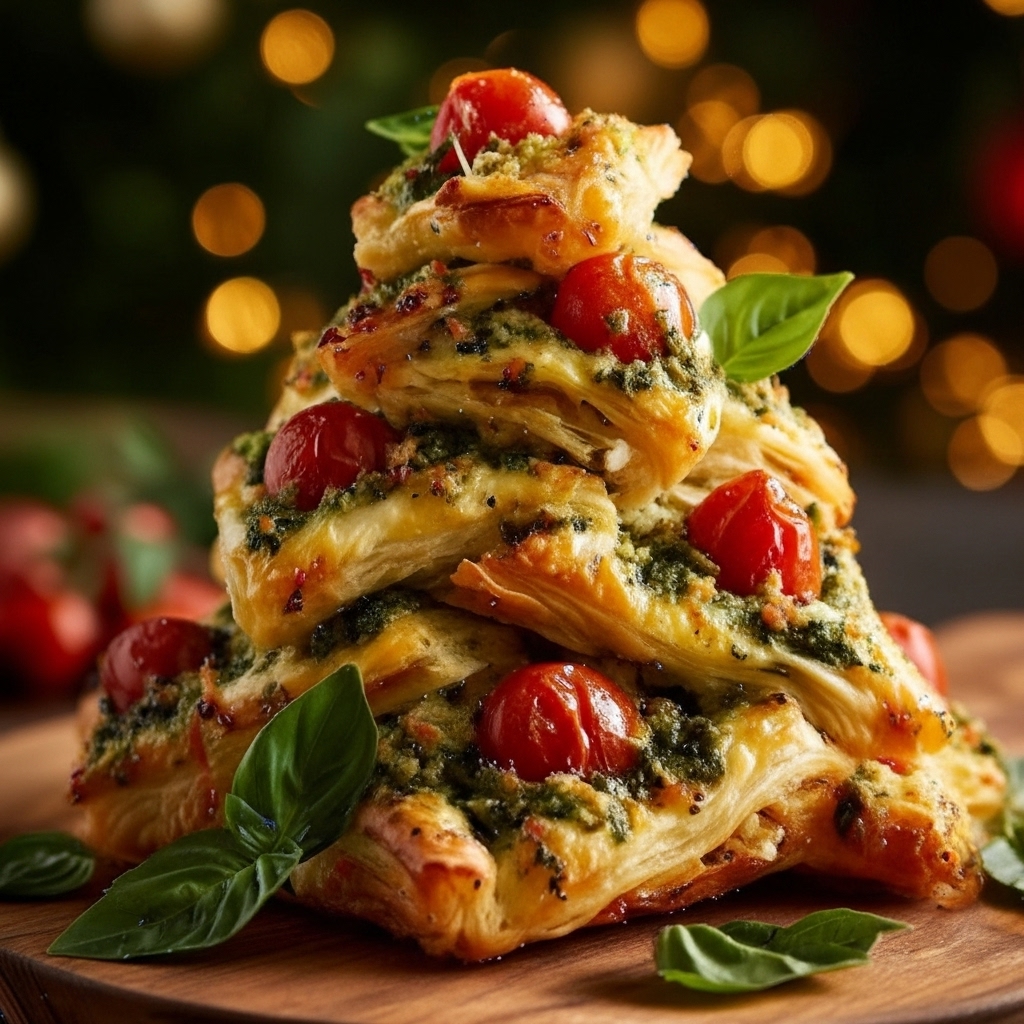 Savory Basil Pesto Cheesy Puff Pastry Christmas Tree